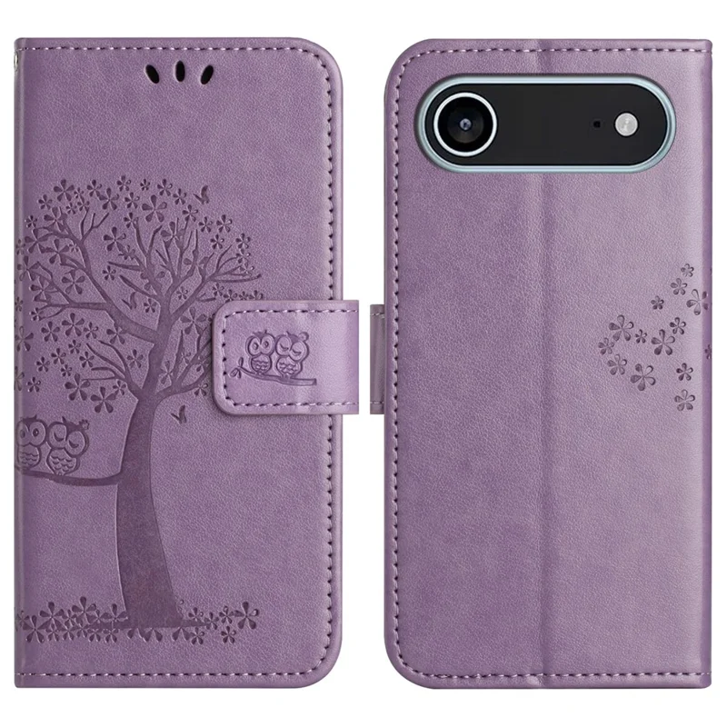 Cover a portafoglio per iPhone 17 in pelle PU con stampa Gufo su Albero e Cinturino - Viola