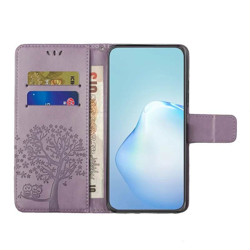 Cover a portafoglio per iPhone 17 in pelle PU con stampa Gufo su Albero e Cinturino - Viola