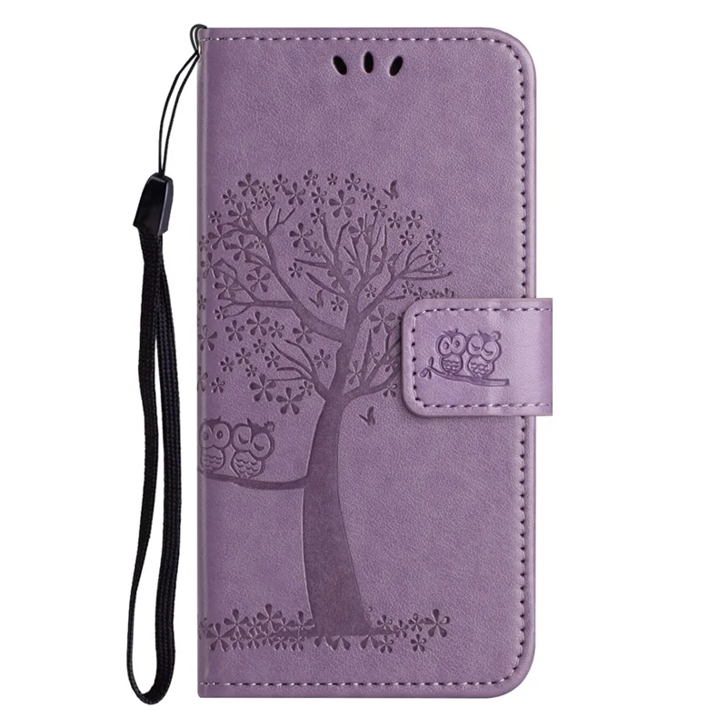 Cover a portafoglio per iPhone 17 in pelle PU con stampa Gufo su Albero e Cinturino - Viola