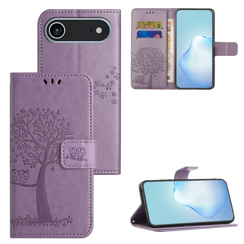 Cover a portafoglio per iPhone 17 in pelle PU con stampa Gufo su Albero e Cinturino - Viola