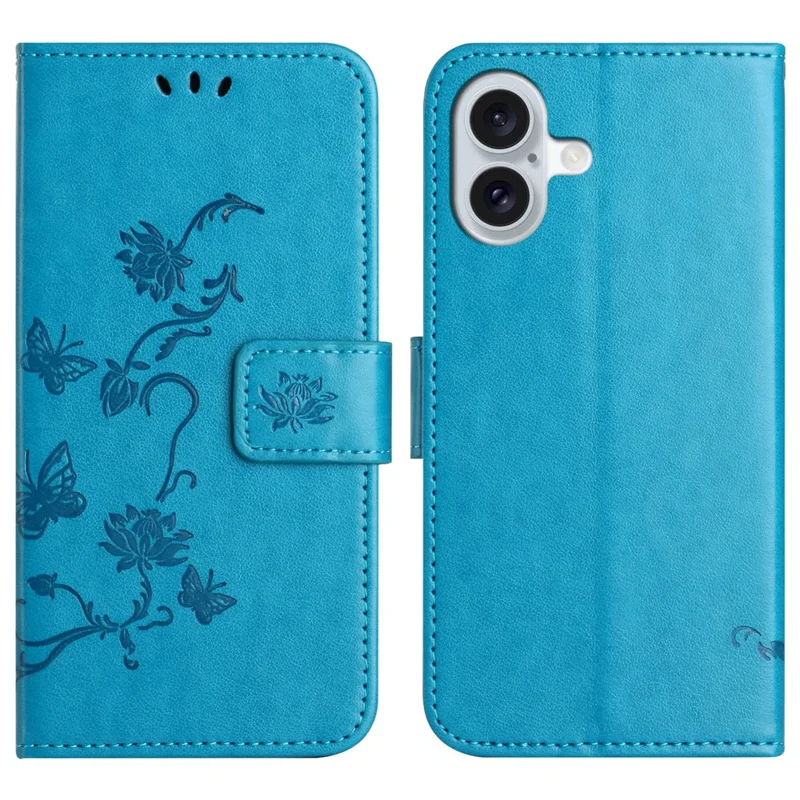 For iPhone 17 Case Wallet Stand Imprinted Butterfly Flower PU Leather Phone Cover - Blue