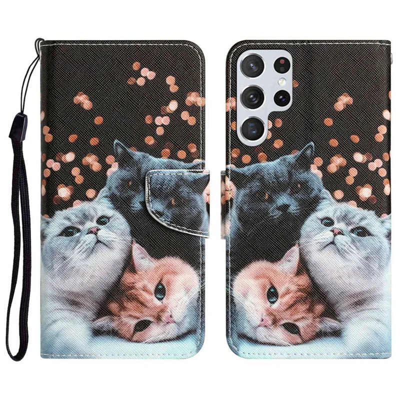 For Samsung Galaxy S23 Ultra Cross Texture Anti-scratch PU Leather Case Pattern Printing Stand Wallet Phone Cover - Three Cats