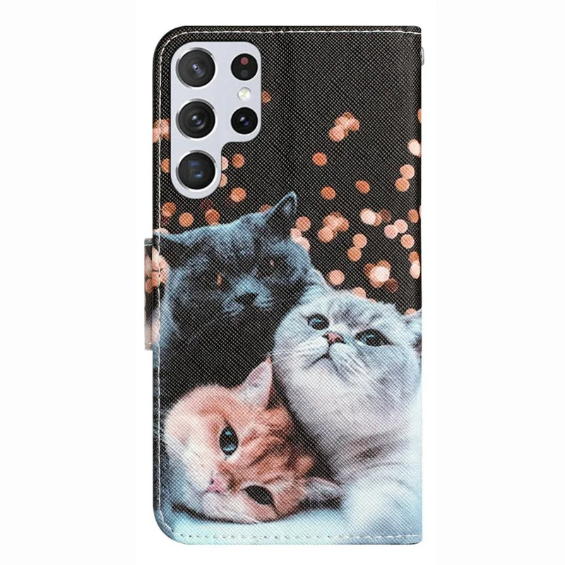 For Samsung Galaxy S23 Ultra Cross Texture Anti-scratch PU Leather Case Pattern Printing Stand Wallet Phone Cover - Three Cats