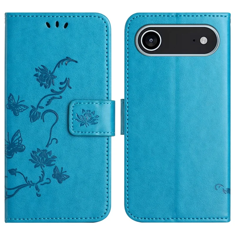 For iPhone 17 Air Case Wallet Stand Imprinted Butterfly Flower PU Leather Phone Cover - Blue