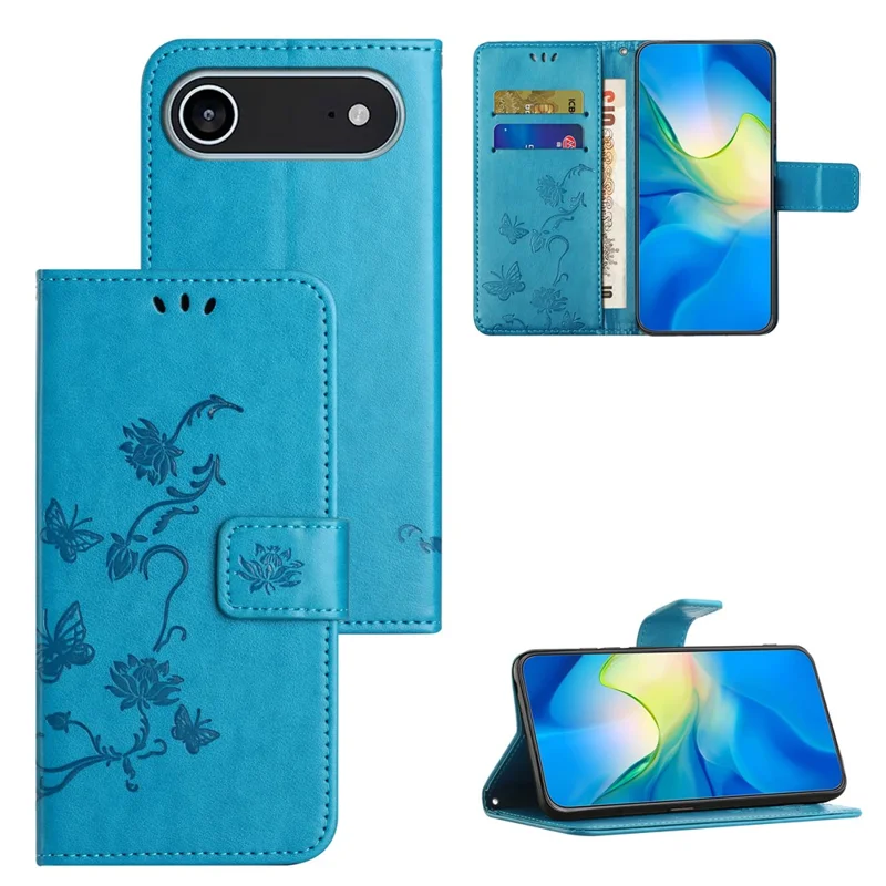 For iPhone 17 Air Case Wallet Stand Imprinted Butterfly Flower PU Leather Phone Cover - Blue