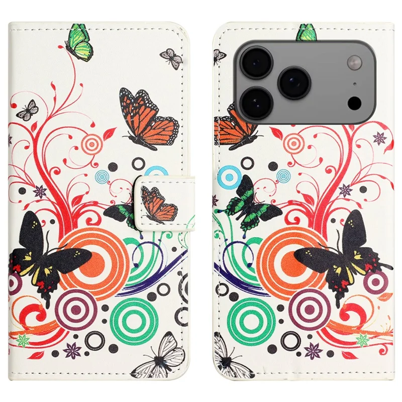 Capa de Couro com Estampa de Borboleta Branca para iPhone 17 Pro - Carteira para Celular