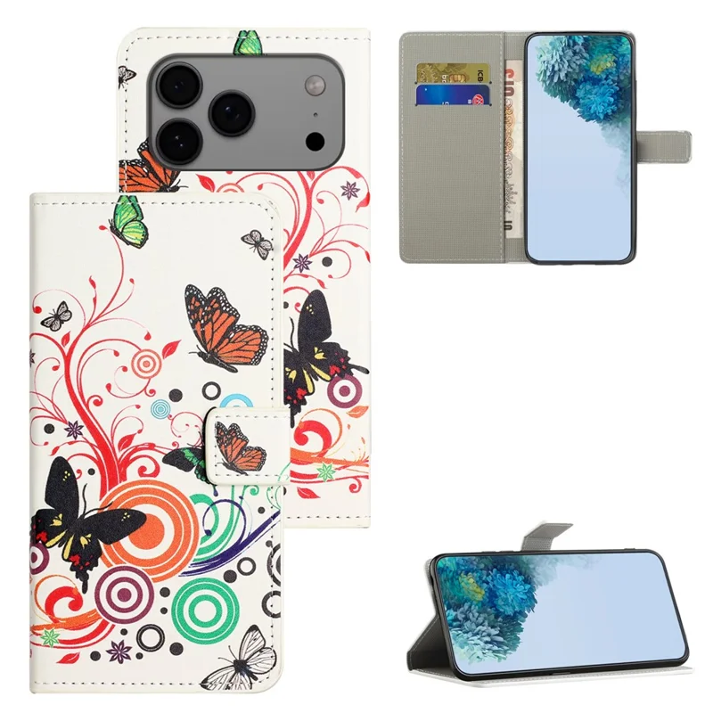 Capa de Couro com Estampa de Borboleta Branca para iPhone 17 Pro - Carteira para Celular