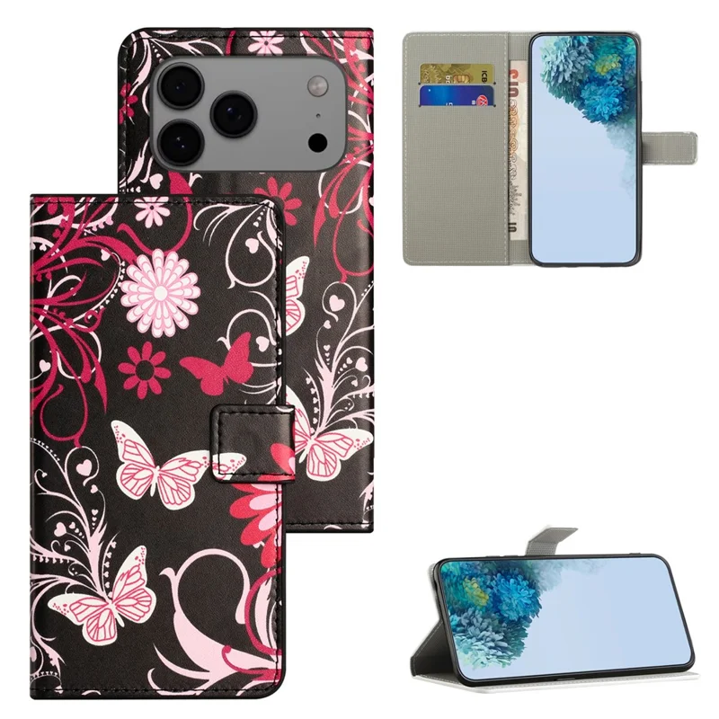 For iPhone 18 Pro / 17 Pro Case Pattern Print PU Leather Wallet Phone Cover - Black Butterfly