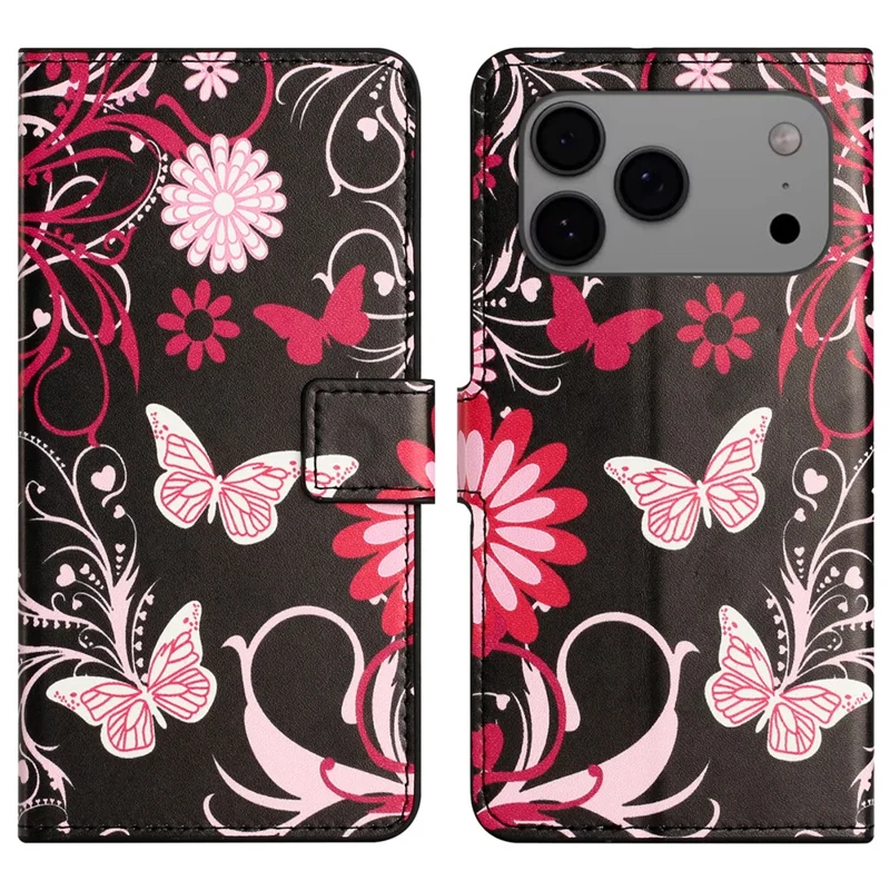 For iPhone 17 Pro Max Case Pattern Print PU Leather Wallet Phone Cover - Black Butterfly