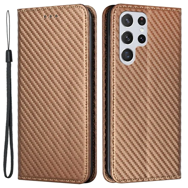 Para Samsung Galaxy S23 Ultra Carbon Fiber Texture PU Cuero de Cuero Flip Cover Soport de Absorción Magnética Caja de Teléfono Con Correa de Muñeca - Marrón