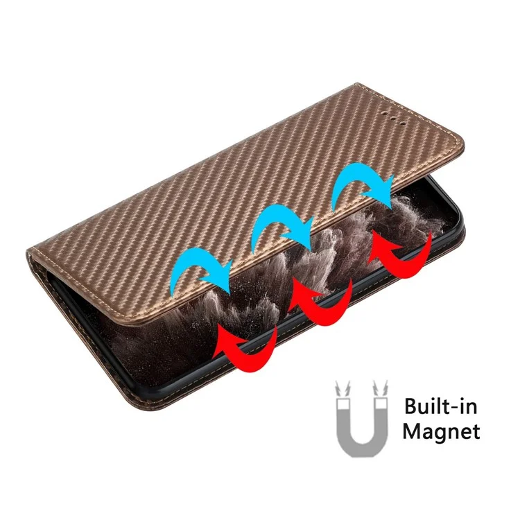 Para Samsung Galaxy S23 Ultra Carbon Fiber Texture PU Cuero de Cuero Flip Cover Soport de Absorción Magnética Caja de Teléfono Con Correa de Muñeca - Marrón