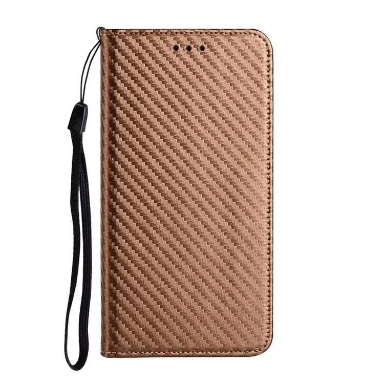 Para Samsung Galaxy S23 Ultra Carbon Fiber Texture PU Cuero de Cuero Flip Cover Soport de Absorción Magnética Caja de Teléfono Con Correa de Muñeca - Marrón