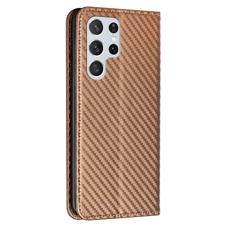 Para Samsung Galaxy S23 Ultra Carbon Fiber Texture PU Cuero de Cuero Flip Cover Soport de Absorción Magnética Caja de Teléfono Con Correa de Muñeca - Marrón