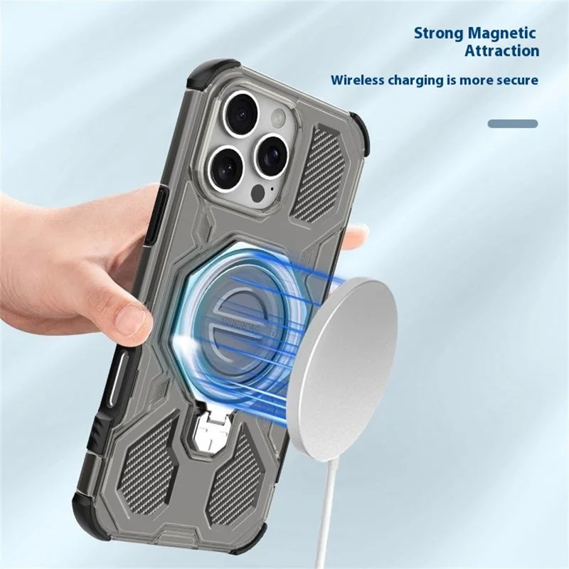 Чехол для iPhone 16 Pro Max, совместимый с MagSafe, с подставкой, TPU + PC с воздушной амортизацией, защитный чехол для телефона - Черный / Серый
