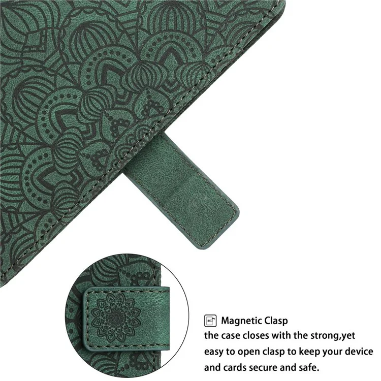 Para Samsung Galaxy S23 Ultra PU Leather Soft Tpu Folio Flip Cover Impresionante Mandala Flower Wallet Case Con Correa - Verde
