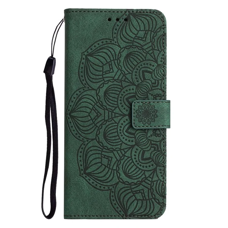 Para Samsung Galaxy S23 Ultra PU Leather Soft Tpu Folio Flip Cover Impresionante Mandala Flower Wallet Case Con Correa - Verde