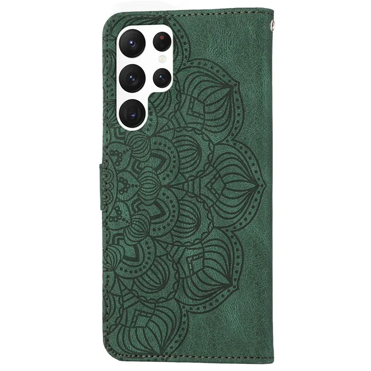 Para Samsung Galaxy S23 Ultra PU Leather Soft Tpu Folio Flip Cover Impresionante Mandala Flower Wallet Case Con Correa - Verde