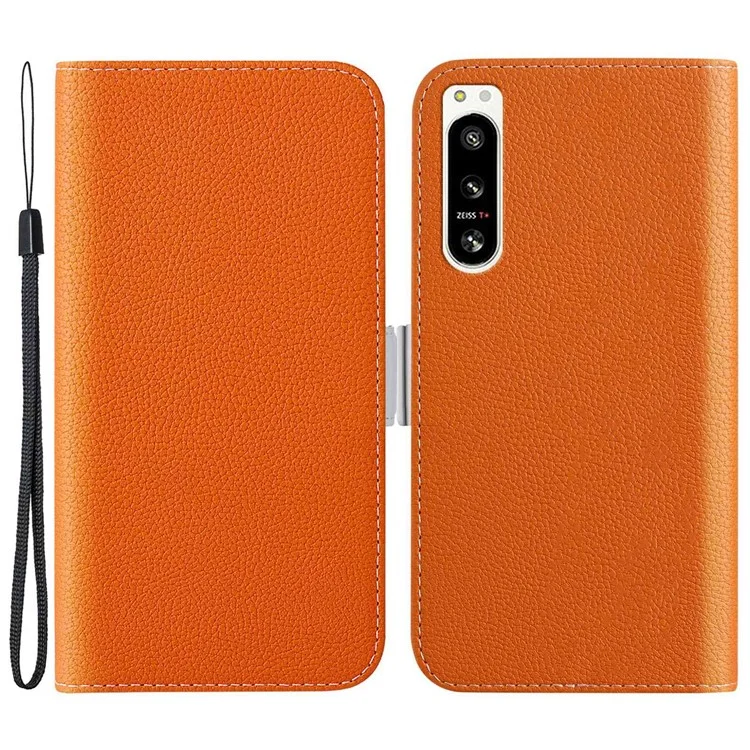 For Sony Xperia 5 IV 5G Cell Phone Cover PU Leather+TPU Litchi Texture Phone Stand Anti-fingerprint Dustproof Wallet Case - Orange