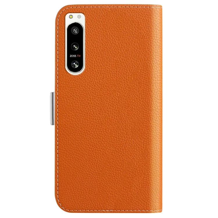 For Sony Xperia 5 IV 5G Cell Phone Cover PU Leather+TPU Litchi Texture Phone Stand Anti-fingerprint Dustproof Wallet Case - Orange