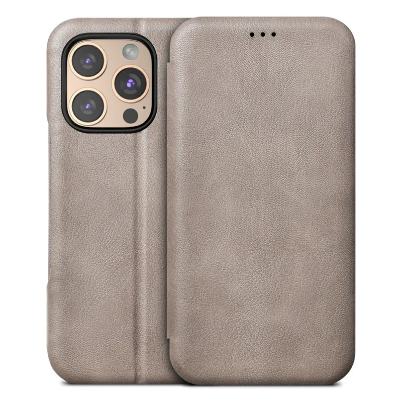 Оптовая покупка чехла PULOKA из телячьей кожи для iPhone 16 Pro с блокировкой RFID, подставкой и кожаной отделкой - Серый
