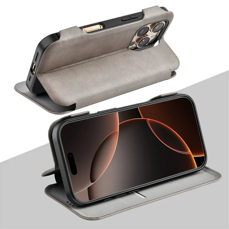 Оптовая покупка чехла PULOKA из телячьей кожи для iPhone 16 Pro с блокировкой RFID, подставкой и кожаной отделкой - Серый