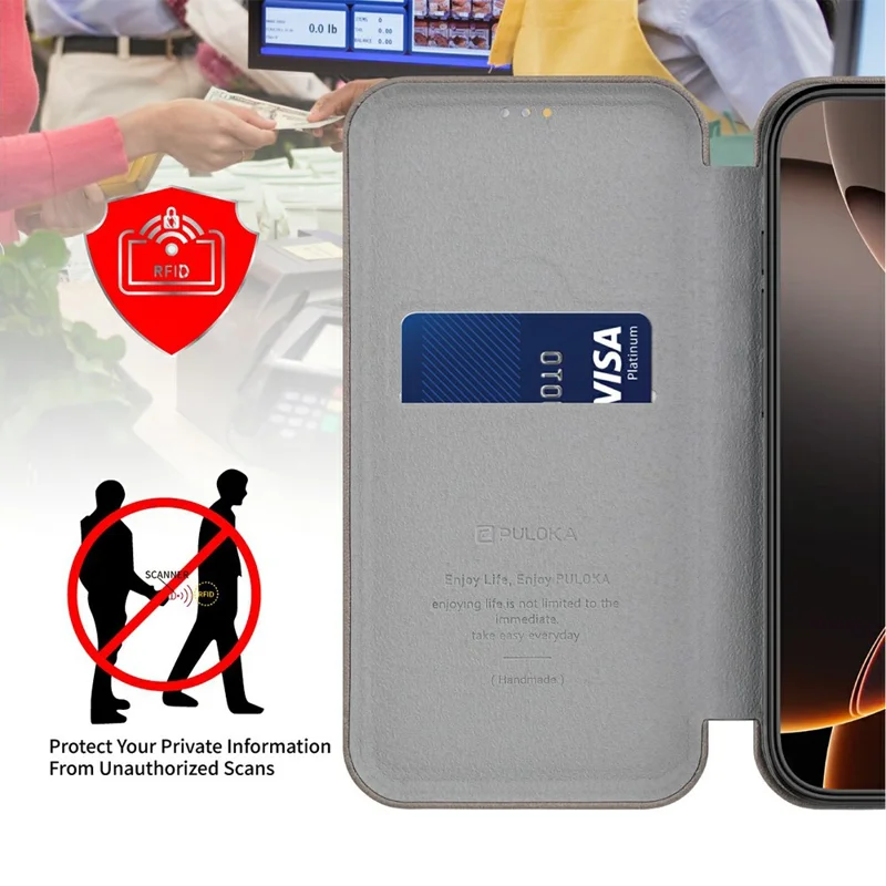 Оптовая покупка чехла PULOKA из телячьей кожи для iPhone 16 Pro с блокировкой RFID, подставкой и кожаной отделкой - Серый
