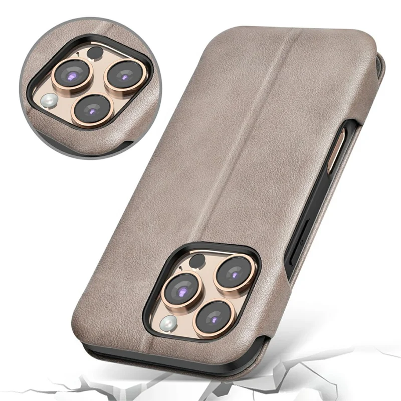 Оптовая покупка чехла PULOKA из телячьей кожи для iPhone 16 Pro с блокировкой RFID, подставкой и кожаной отделкой - Серый