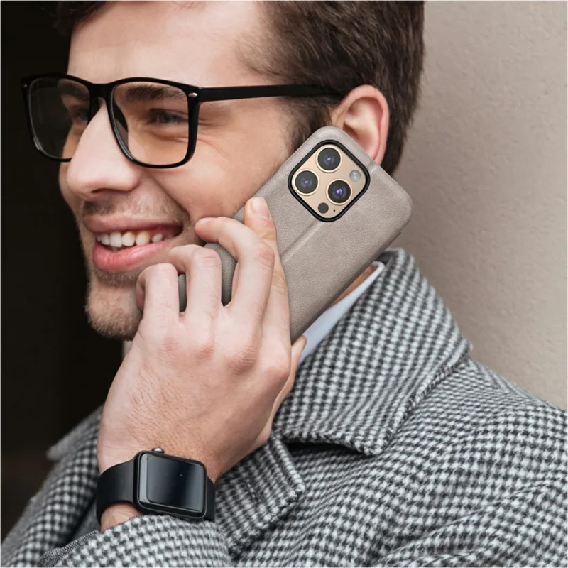 Оптовая покупка чехла PULOKA из телячьей кожи для iPhone 16 Pro с блокировкой RFID, подставкой и кожаной отделкой - Серый
