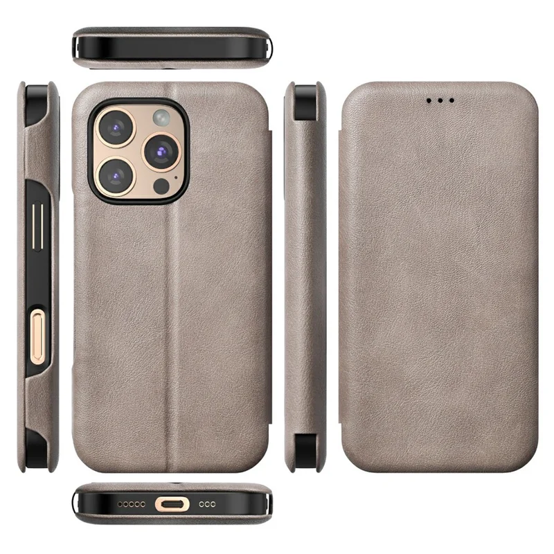 Оптовая покупка чехла PULOKA из телячьей кожи для iPhone 16 Pro с блокировкой RFID, подставкой и кожаной отделкой - Серый