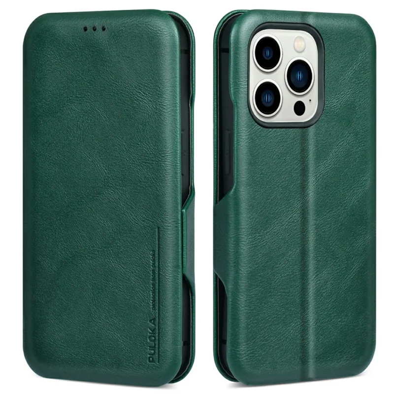 Bulk Purchasing PULOKA Calf Skin Series For iPhone 14 Pro Max Case RFID Blocking Stand Leather Phone Cover - Green
