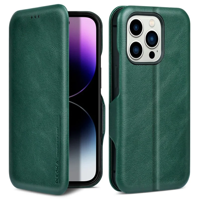 Bulk Purchasing PULOKA Calf Skin Series For iPhone 14 Pro Max Case RFID Blocking Stand Leather Phone Cover - Green