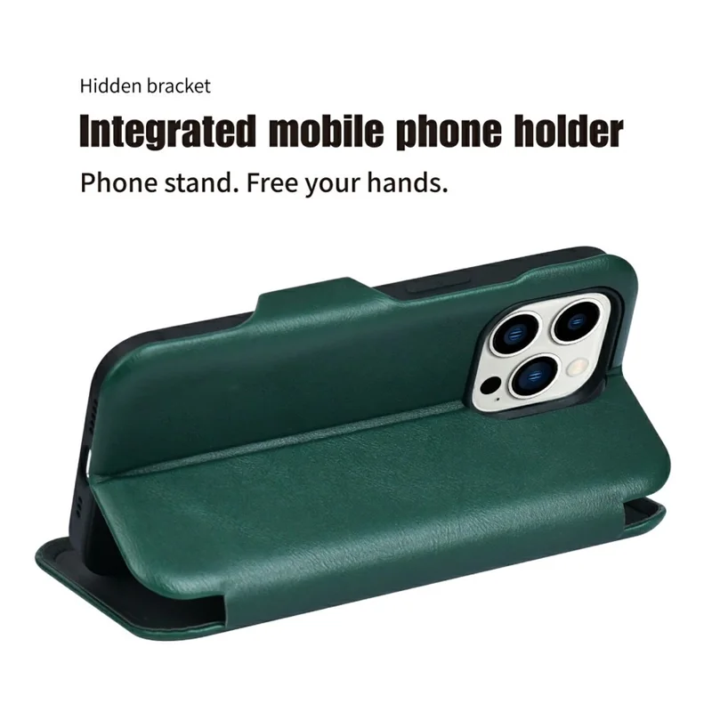 Bulk Purchasing PULOKA Calf Skin Series For iPhone 14 Pro Max Case RFID Blocking Stand Leather Phone Cover - Green