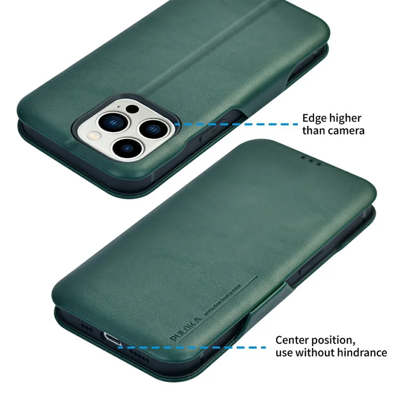 Bulk Purchasing PULOKA Calf Skin Series For iPhone 14 Pro Max Case RFID Blocking Stand Leather Phone Cover - Green