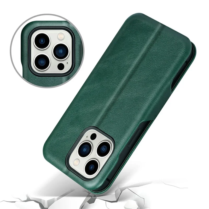 Bulk Purchasing PULOKA Calf Skin Series For iPhone 14 Pro Max Case RFID Blocking Stand Leather Phone Cover - Green