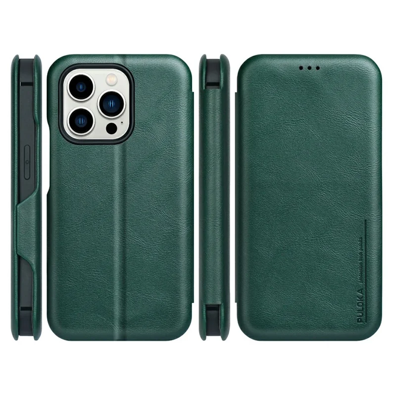 Bulk Purchasing PULOKA Calf Skin Series For iPhone 14 Pro Max Case RFID Blocking Stand Leather Phone Cover - Green