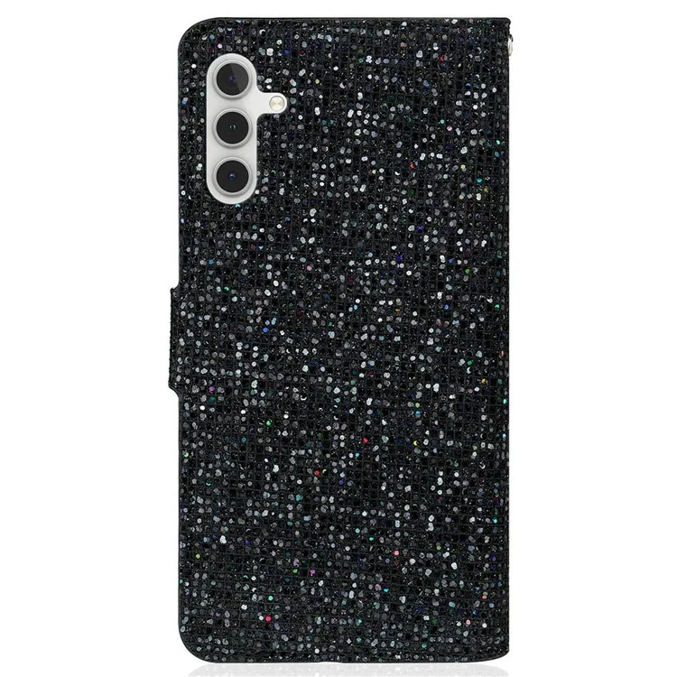 Для Samsung Galaxy A14 5G / 4G Чехол для телефона Блестящий порошок PU кожаный складной подставка-кошелек стиль с ремешком для запястья - черный
