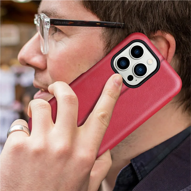 Bulk Purchasing PULOKA Calf Skin Series For iPhone 14 Pro Case RFID Blocking Stand Leather Phone Cover - Red