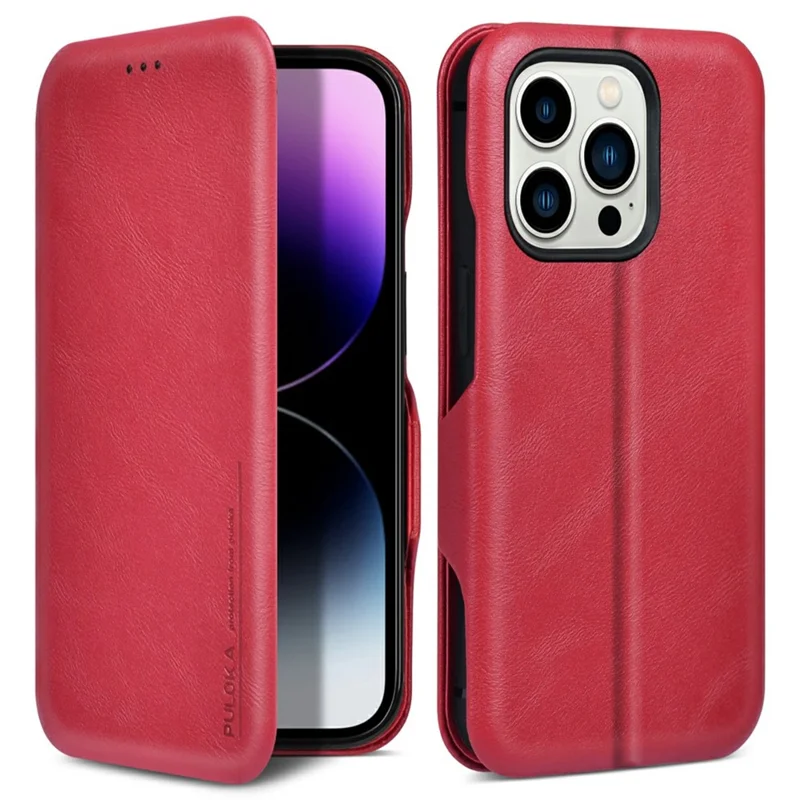 Bulk Purchasing PULOKA Calf Skin Series For iPhone 13 Pro Max Case RFID Blocking Stand Leather Phone Cover - Red
