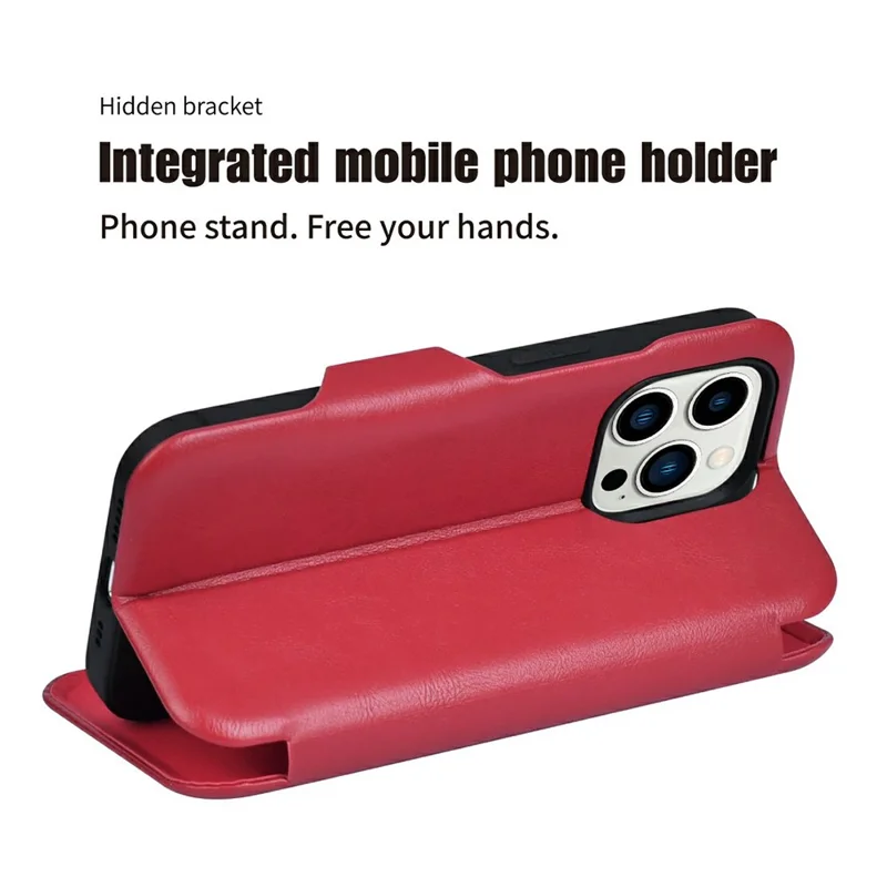 Bulk Purchasing PULOKA Calf Skin Series For iPhone 13 Pro Max Case RFID Blocking Stand Leather Phone Cover - Red
