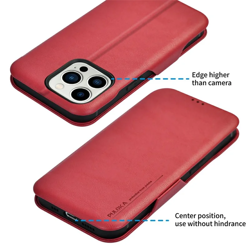 Bulk Purchasing PULOKA Calf Skin Series For iPhone 13 Pro Max Case RFID Blocking Stand Leather Phone Cover - Red
