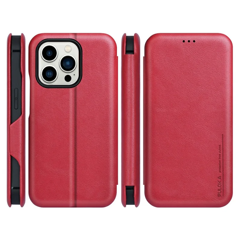 Bulk Purchasing PULOKA Calf Skin Series For iPhone 13 Pro Max Case RFID Blocking Stand Leather Phone Cover - Red
