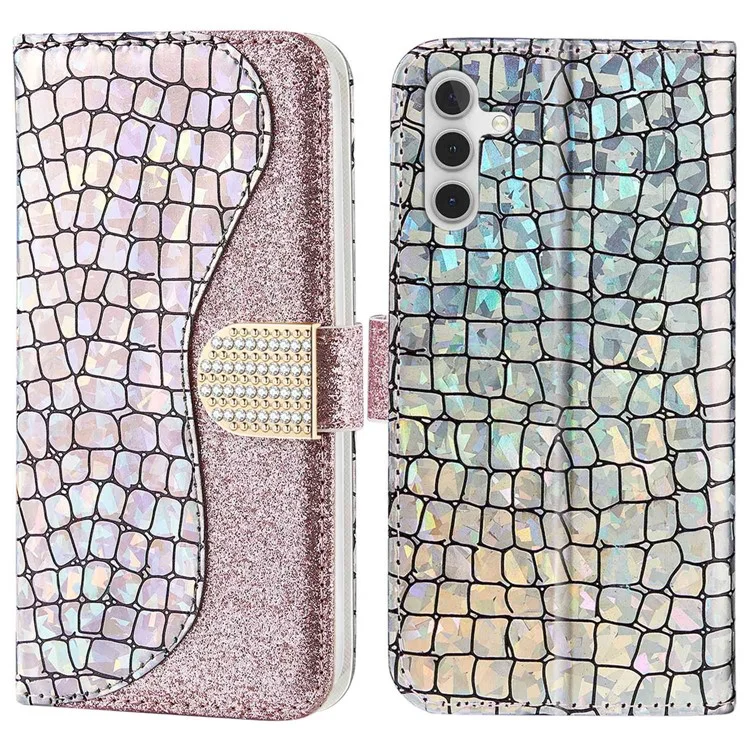 Per Samsung Galaxy A14 5G / 4G Glitter Splicing Phone Cover PU Leather Shockproof Foldable Stand Crocodile Texture Wallet Case - Rose Gold