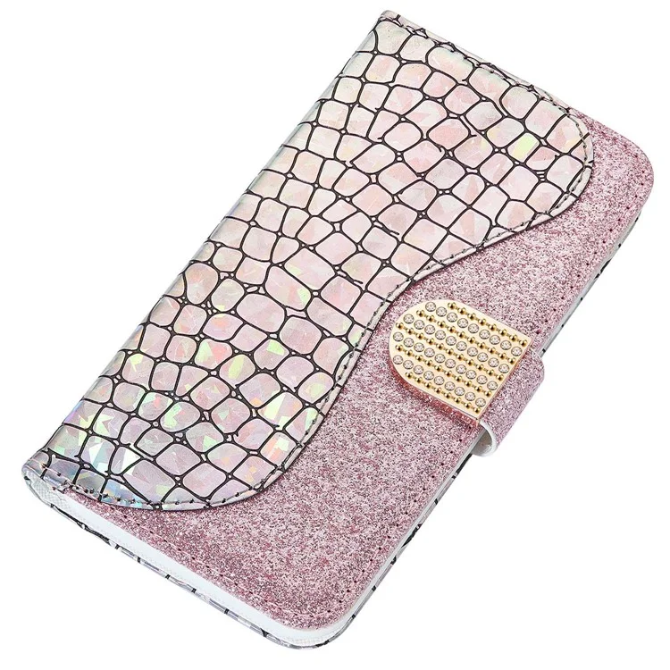 Per Samsung Galaxy A14 5G / 4G Glitter Splicing Phone Cover PU Leather Shockproof Foldable Stand Crocodile Texture Wallet Case - Rose Gold