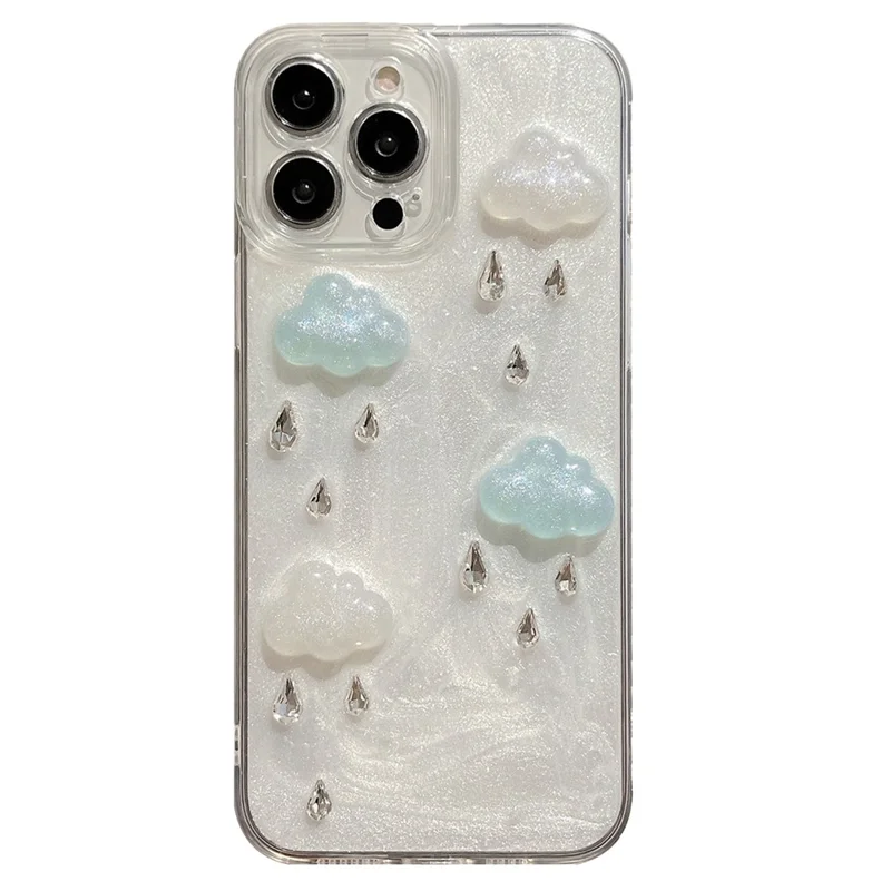 For iPhone 16 Pro Max Case Cute 3D Cloud Rhinestone Decor TPU+PC Phone Cover (Precise Lens Cutouts)