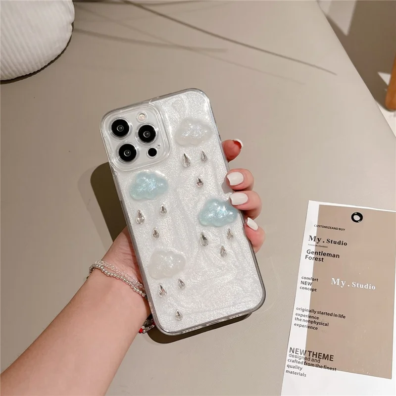 For iPhone 16 Pro Max Case Cute 3D Cloud Rhinestone Decor TPU+PC Phone Cover (Precise Lens Cutouts)