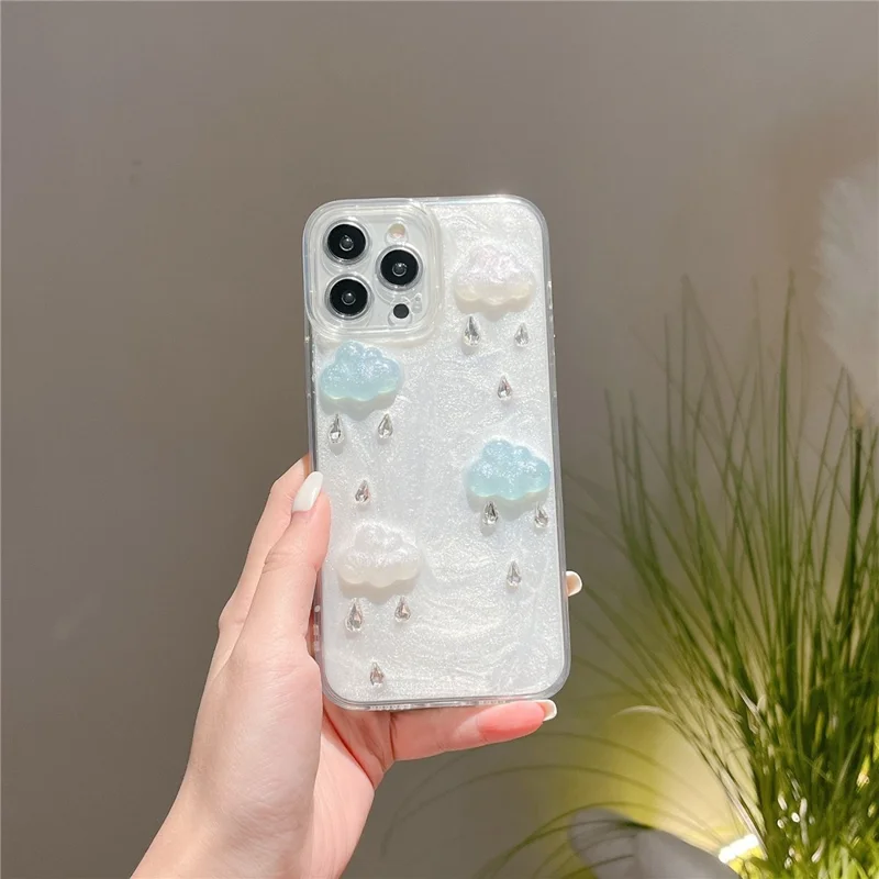 For iPhone 16 Pro Max Case Cute 3D Cloud Rhinestone Decor TPU+PC Phone Cover (Precise Lens Cutouts)