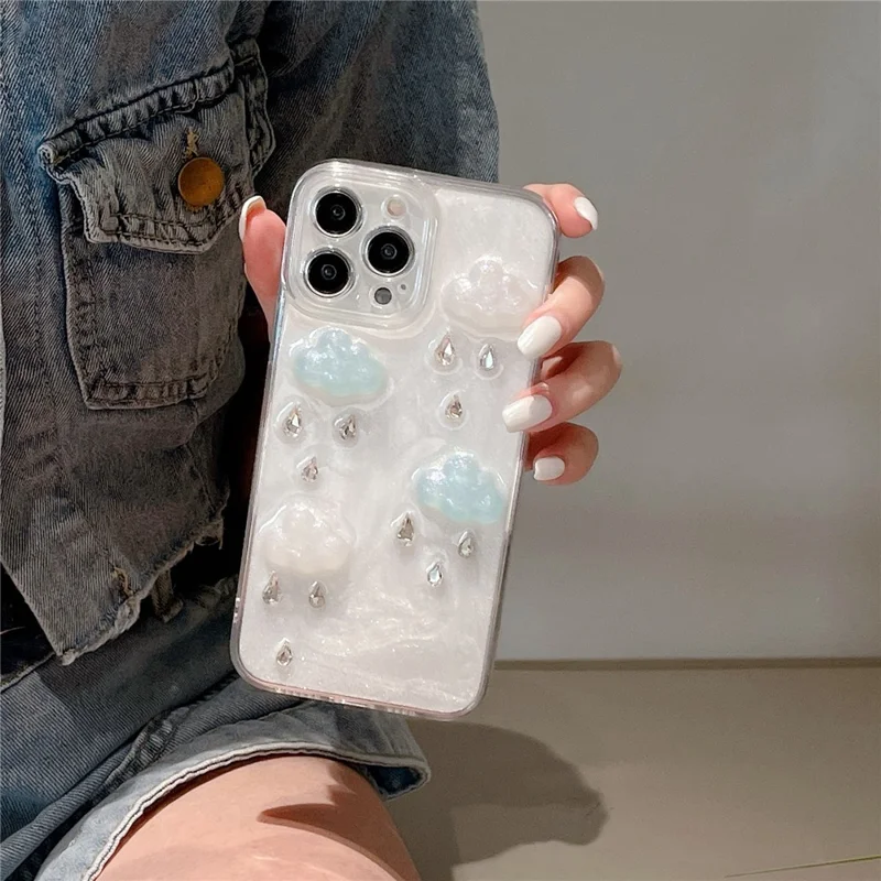 For iPhone 16 Pro Max Case Cute 3D Cloud Rhinestone Decor TPU+PC Phone Cover (Precise Lens Cutouts)
