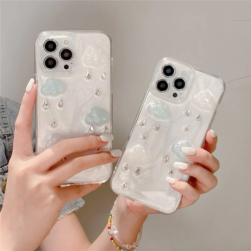 For iPhone 16 Pro Max Case Cute 3D Cloud Rhinestone Decor TPU+PC Phone Cover (Precise Lens Cutouts)