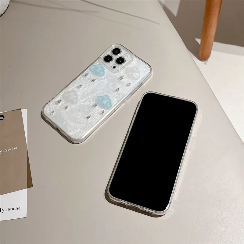For iPhone 16 Pro Max Case Cute 3D Cloud Rhinestone Decor TPU+PC Phone Cover (Precise Lens Cutouts)