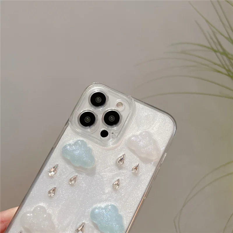 For iPhone 16 Pro Max Case Cute 3D Cloud Rhinestone Decor TPU+PC Phone Cover (Precise Lens Cutouts)